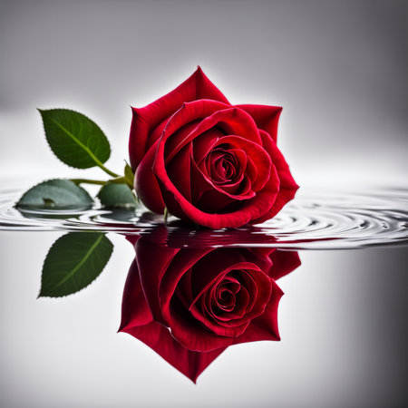 The red rose is reflected on a white backgroundの素材