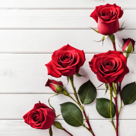 Red rose flowers over white wood background. Romantic greeting card for Valentine's Day.の素材