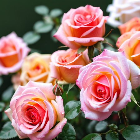The garden is filled with pink roses blooming outsideの素材