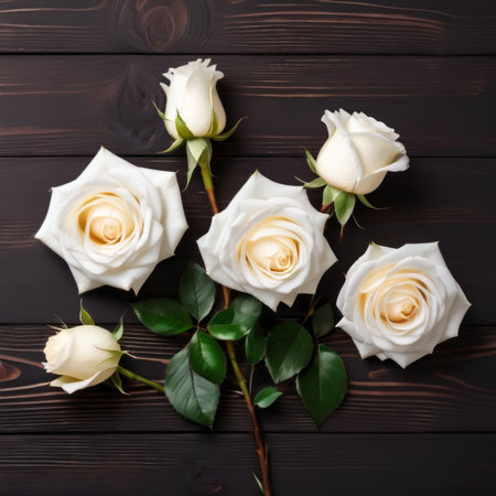 Flowers of white roses on wood background. Happy Valentine's Day with this romantic greeting card.の素材