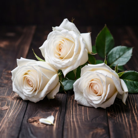 Flowers of white roses on wood background. Happy Valentine's Day with this romantic greeting card.の素材