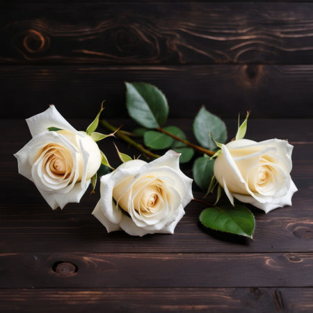 Flowers of white roses on wood background. Happy Valentine's Day with this romantic greeting card.の素材