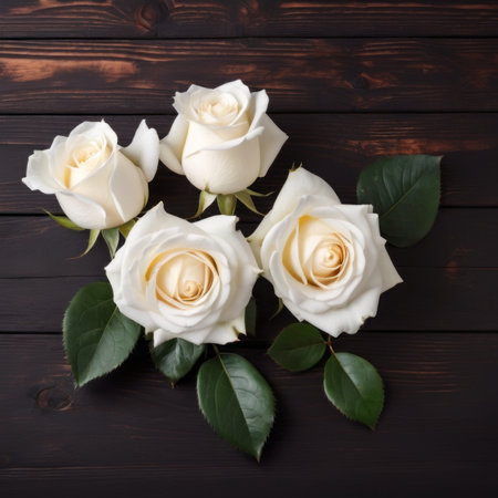 Flowers of white roses on wood background. Happy Valentine's Day with this romantic greeting card.の素材
