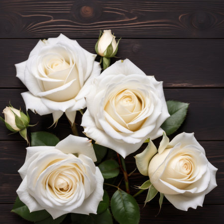 Flowers of white roses on wood background. Happy Valentine's Day with this romantic greeting card.の素材