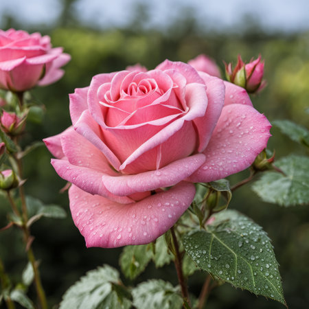 A single pink rose with leaves and stems covered in dewの素材