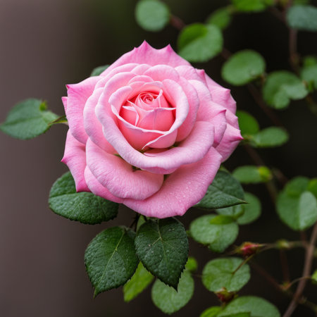 A single pink rose with leaves and stems covered in dewの素材