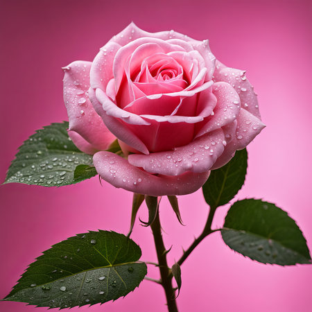 A single pink rose with leaves and stems covered in dewの素材
