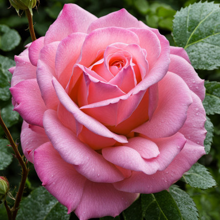 A single pink rose with leaves and stems covered in dewの素材