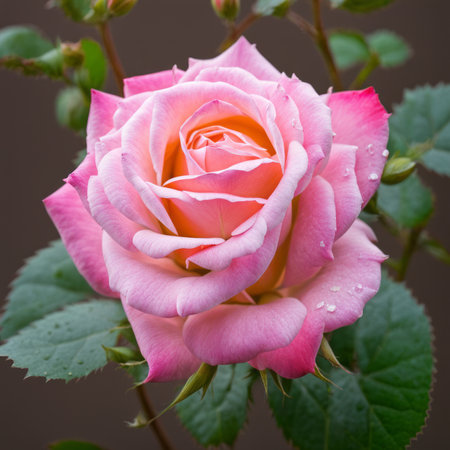 A single pink rose with leaves and stems covered in dewの素材