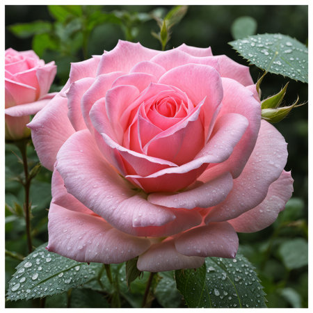A single pink rose with leaves and stems covered in dewの素材