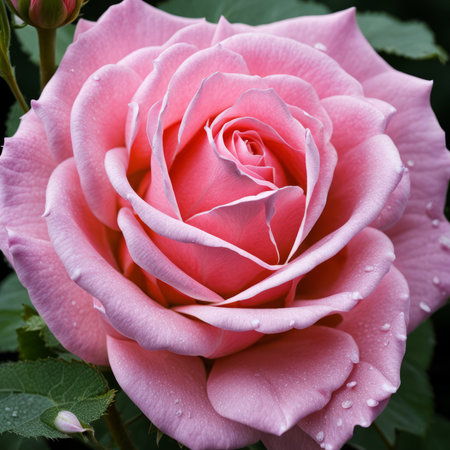 A single pink rose with leaves and stems covered in dewの素材