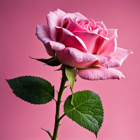 A single pink rose with leaves and stems covered in dewの素材