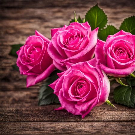 Beautiful Hot Pink roses on wooden backgroundの素材
