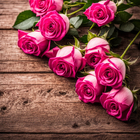 Beautiful Hot Pink roses on wooden backgroundの素材