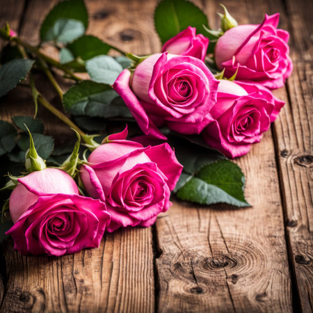 Beautiful Hot Pink roses on wooden backgroundの素材