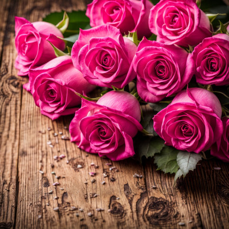 Beautiful Hot Pink roses on wooden backgroundの素材