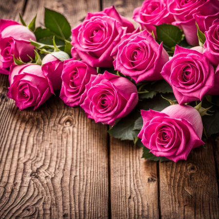 Beautiful Hot Pink roses on wooden backgroundの素材