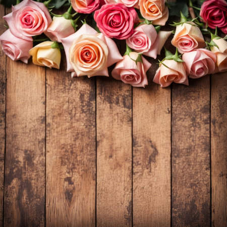 Beautiful Pink roses on wooden backgroundの素材