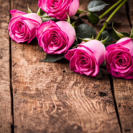 Beautiful Hot Pink roses on wooden backgroundの素材