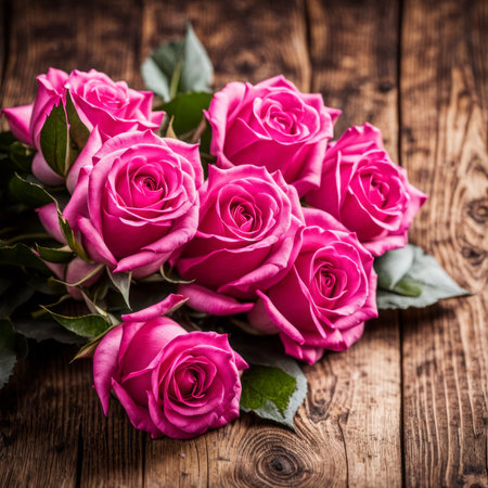 Beautiful Hot Pink roses on wooden backgroundの素材