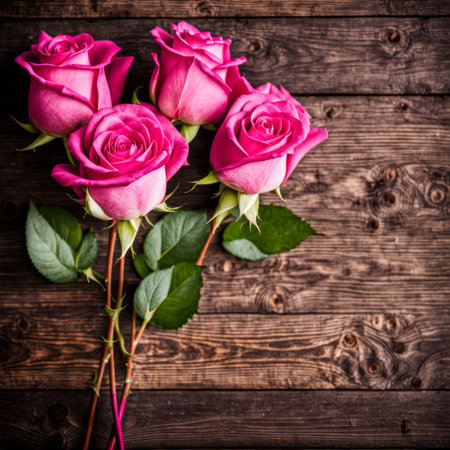 Beautiful Hot Pink roses on wooden backgroundの素材