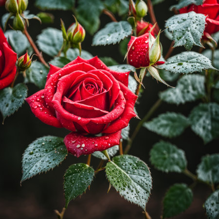 A single red rose with leaves and stems covered in dewの素材