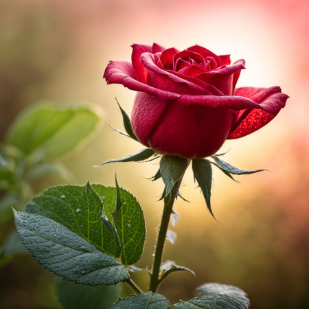 A single red rose with leaves and stems covered in dewの素材