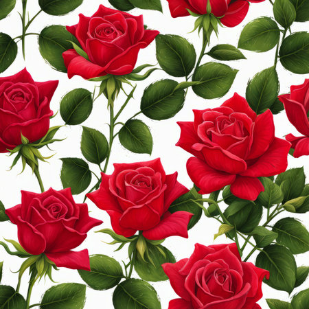 Red roses with leaves and stems covered in dewの素材