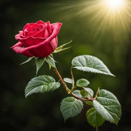A single red rose with leaves and stems covered in dewの素材