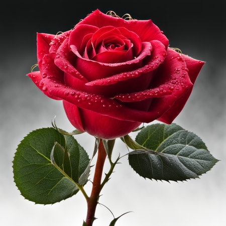A single red rose with leaves and stems covered in dewの素材