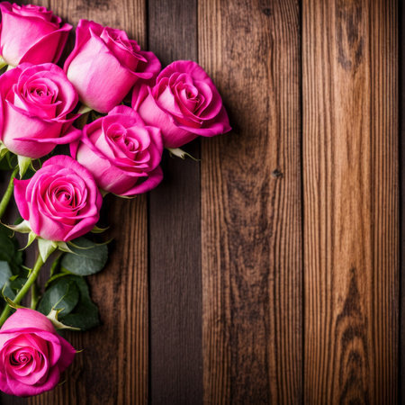 Beautiful Hot Pink roses on wooden backgroundの素材