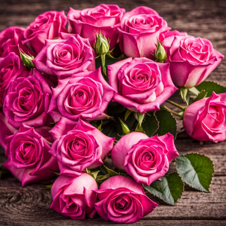 Beautiful Hot Pink roses on wooden backgroundの素材