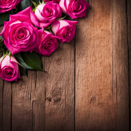 Beautiful Hot Pink roses on wooden backgroundの素材