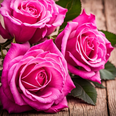 Beautiful Hot Pink roses on wooden backgroundの素材