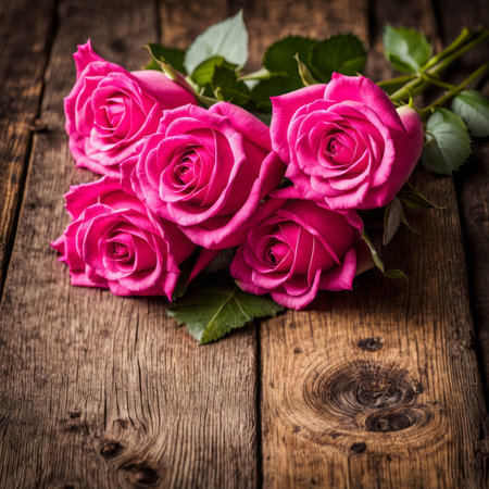 Beautiful Hot Pink roses on wooden backgroundの素材