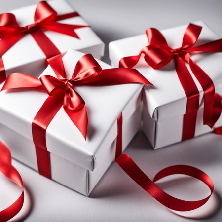 Gift box with craft paper and red ribbon. Two hearts and bokeh background. Valentine's Day Greeting Card.の素材