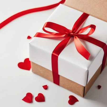Gift box with craft paper and red ribbon. Two hearts and bokeh background. Valentine's Day Greeting Card.の素材
