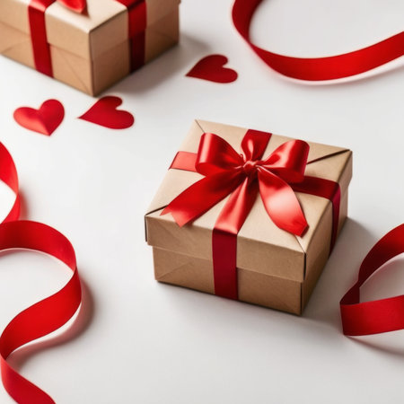 Gift box with craft paper and red ribbon. Two hearts and bokeh background. Valentine's Day Greeting Card.の素材