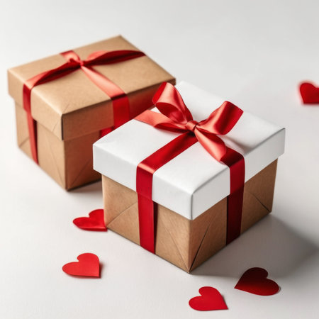 Gift box with craft paper and red ribbon. Two hearts and bokeh background. Valentine's Day Greeting Card.の素材