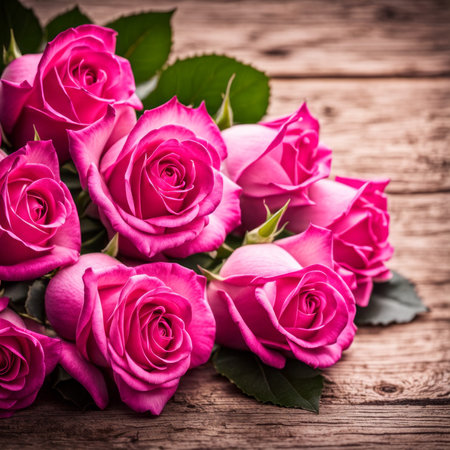 Beautiful Hot Pink roses on wooden backgroundの素材