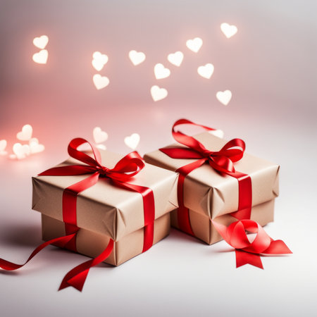 Gift box with craft paper and red ribbon. Two hearts and bokeh background. Valentine's Day Greeting Card.の素材