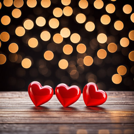 Hearts on wood against bokeh backgroundの素材