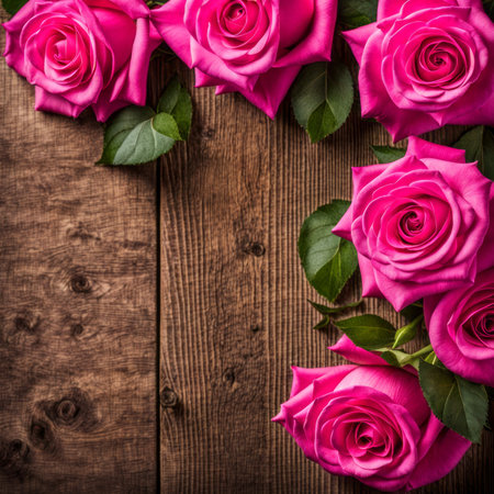 Beautiful Hot Pink roses on wooden backgroundの素材