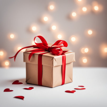 Gift box with craft paper and red ribbon. Two hearts and bokeh background. Valentine's Day Greeting Card.の素材