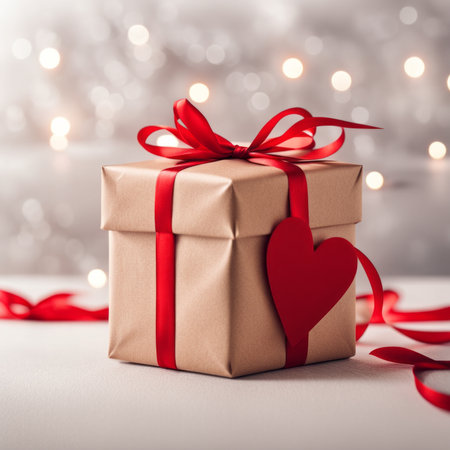 Gift box with craft paper and red ribbon. Two hearts and bokeh background. Valentine's Day Greeting Card.の素材