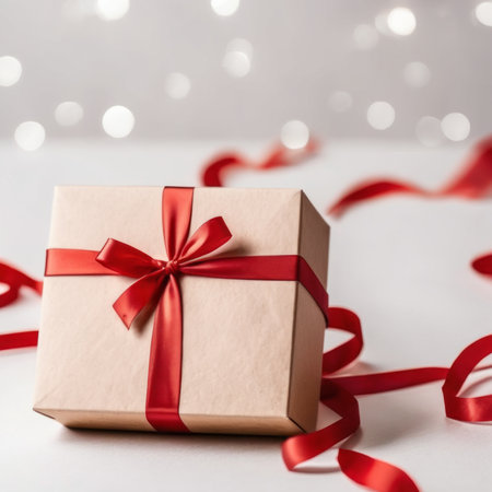 Gift box with craft paper and red ribbon. Two hearts and bokeh background. Valentine's Day Greeting Card.の素材