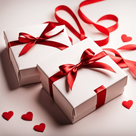 Gift box with craft paper and red ribbon. Two hearts and bokeh background. Valentine's Day Greeting Card.の素材