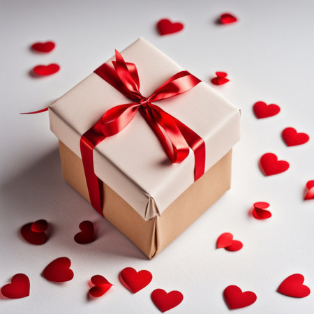 Gift box with craft paper and red ribbon. Two hearts and bokeh background. Valentine's Day Greeting Card.の素材