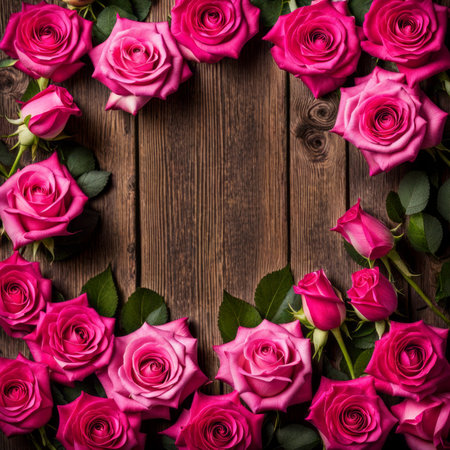 Beautiful Hot Pink roses on wooden backgroundの素材