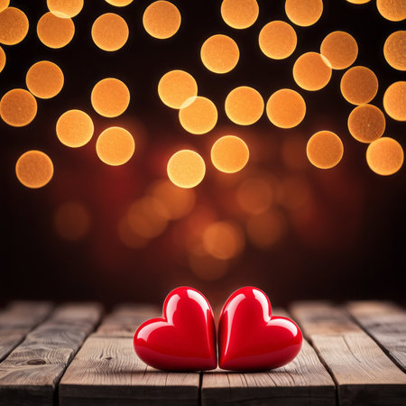Hearts on wood against bokeh backgroundの素材